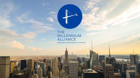 The millenium Alliance banner with a big city background